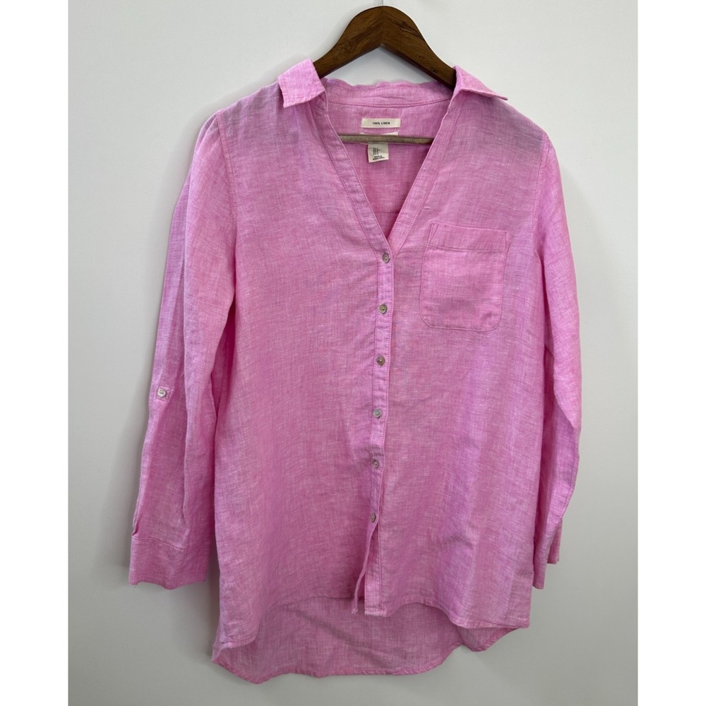 Christian Siriano 100% Linen Button Front Shirt Roll Tab Small Pink Resortwear - Picture 11 of 11